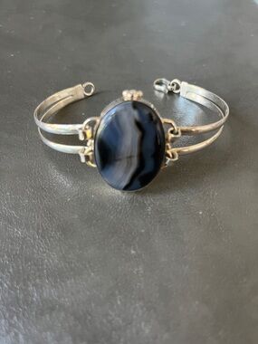 Black Agate Oval Stone Silver-Tone Double Band Cuff Bracelet
